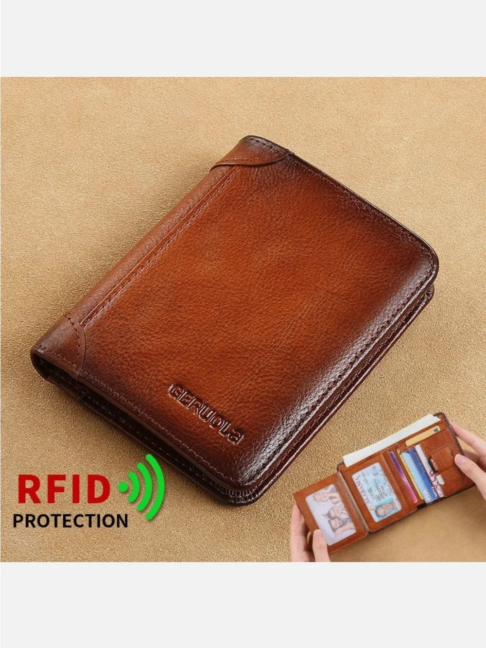 GERUOLA Slim RFID Shielded Genuine Leather Multifunction Tri-Fold Wallet, Brown